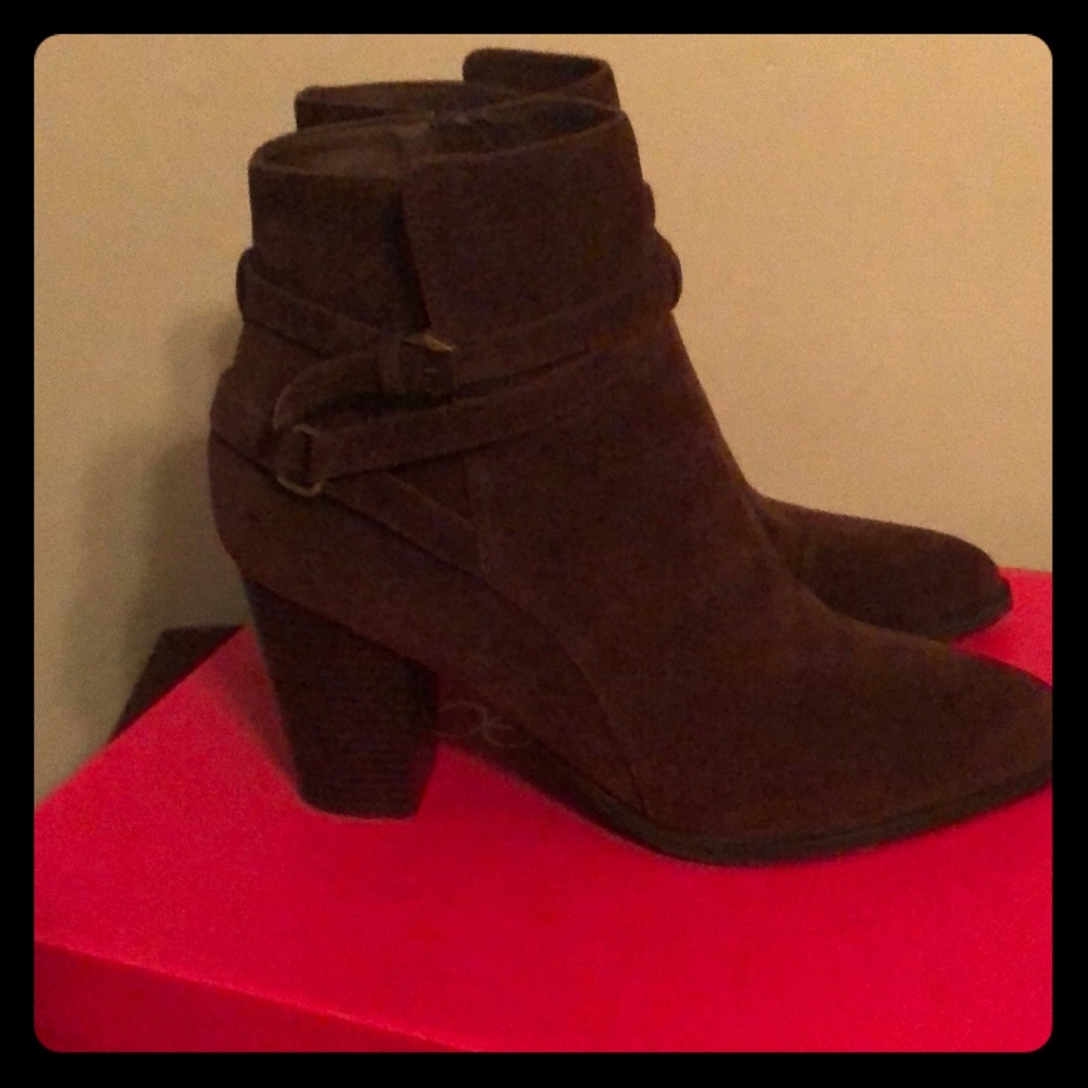 Brown suede boots.